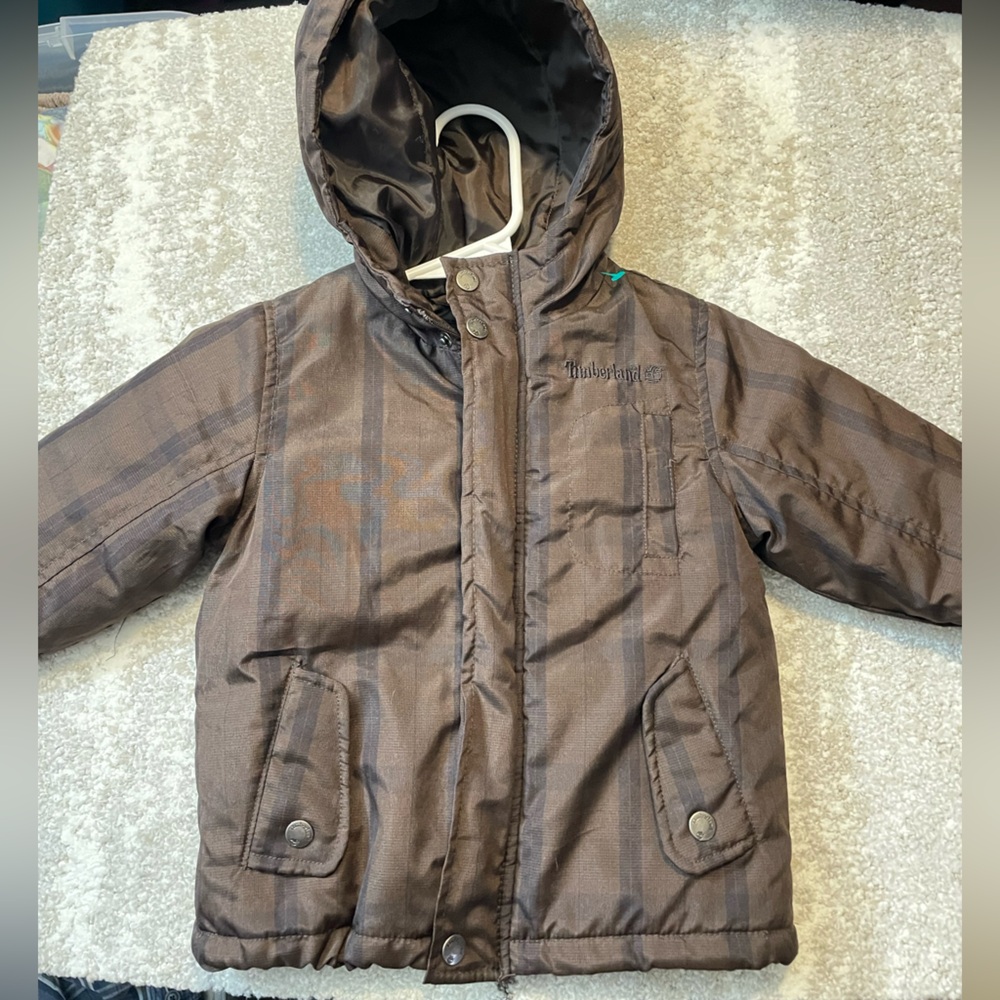 Timberland Kids Chocolate Plaid Puffer Jacket with Hood Winter Coat